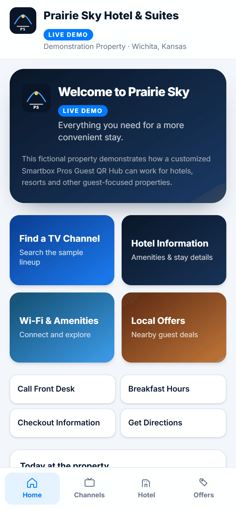 Actual property Guest Hub home screen with category tiles including Local Offers and guest amenities.