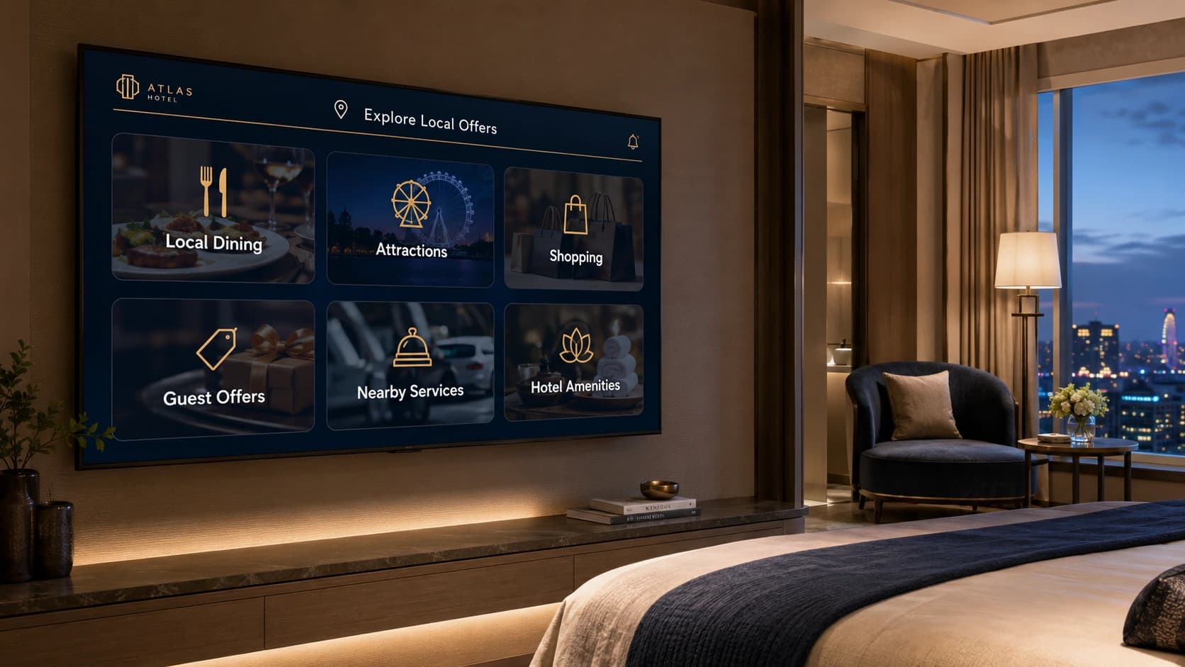 Hotel guest advertising displayed on a guestroom television beside the actual property Guest Hub.